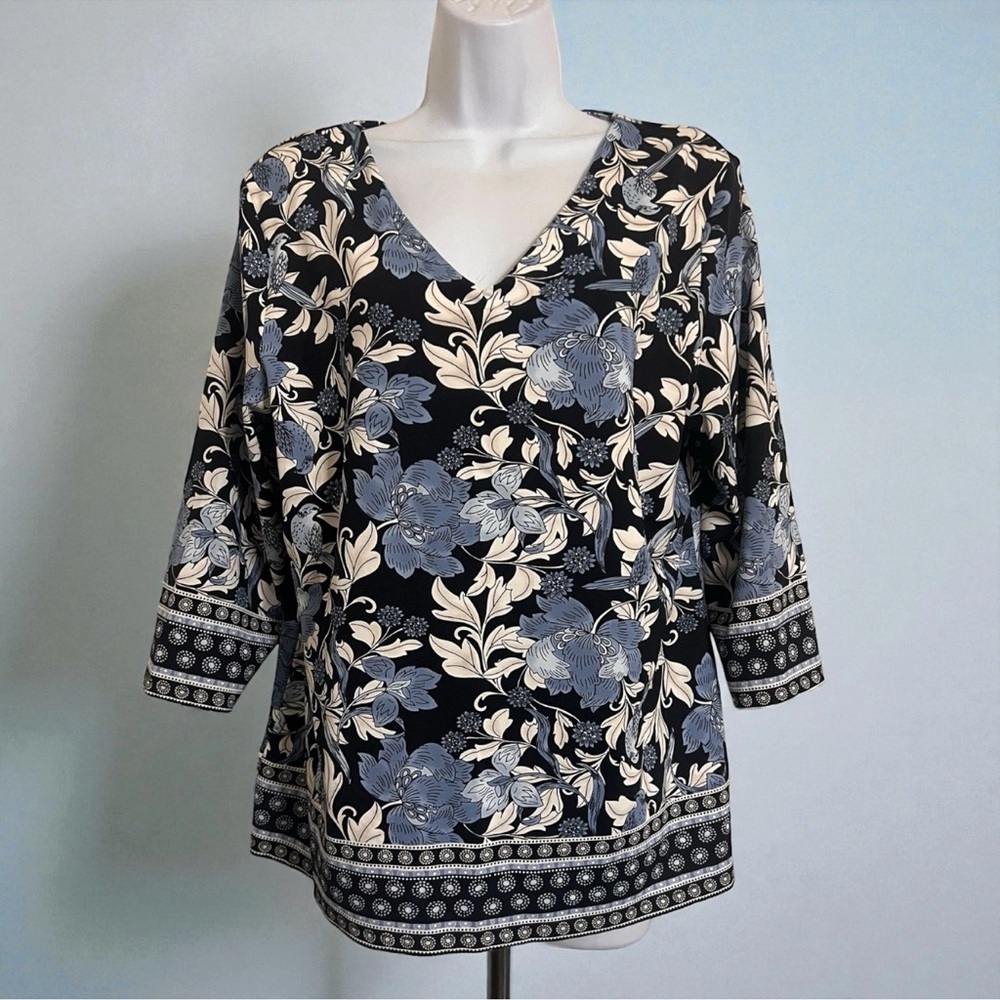 CHARTER CLUB Blue V-Neck Floral Print Women's Size L 3/4 Sleeve Top